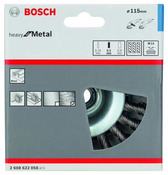 Bosch Kegeldrahtbürste 115mm M14 0,50mm gezopfter Stahldraht